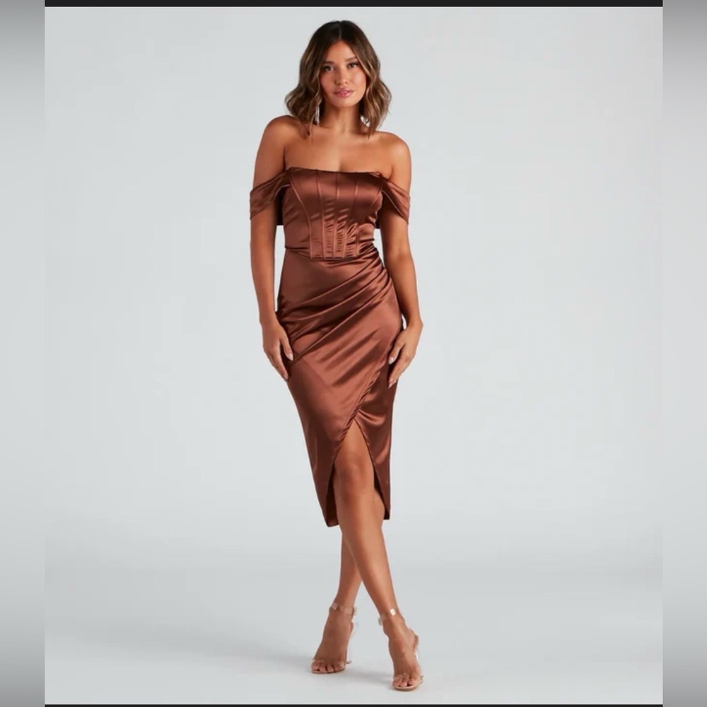 Windsor Copper Satin Off-Shoulder Midi Dress